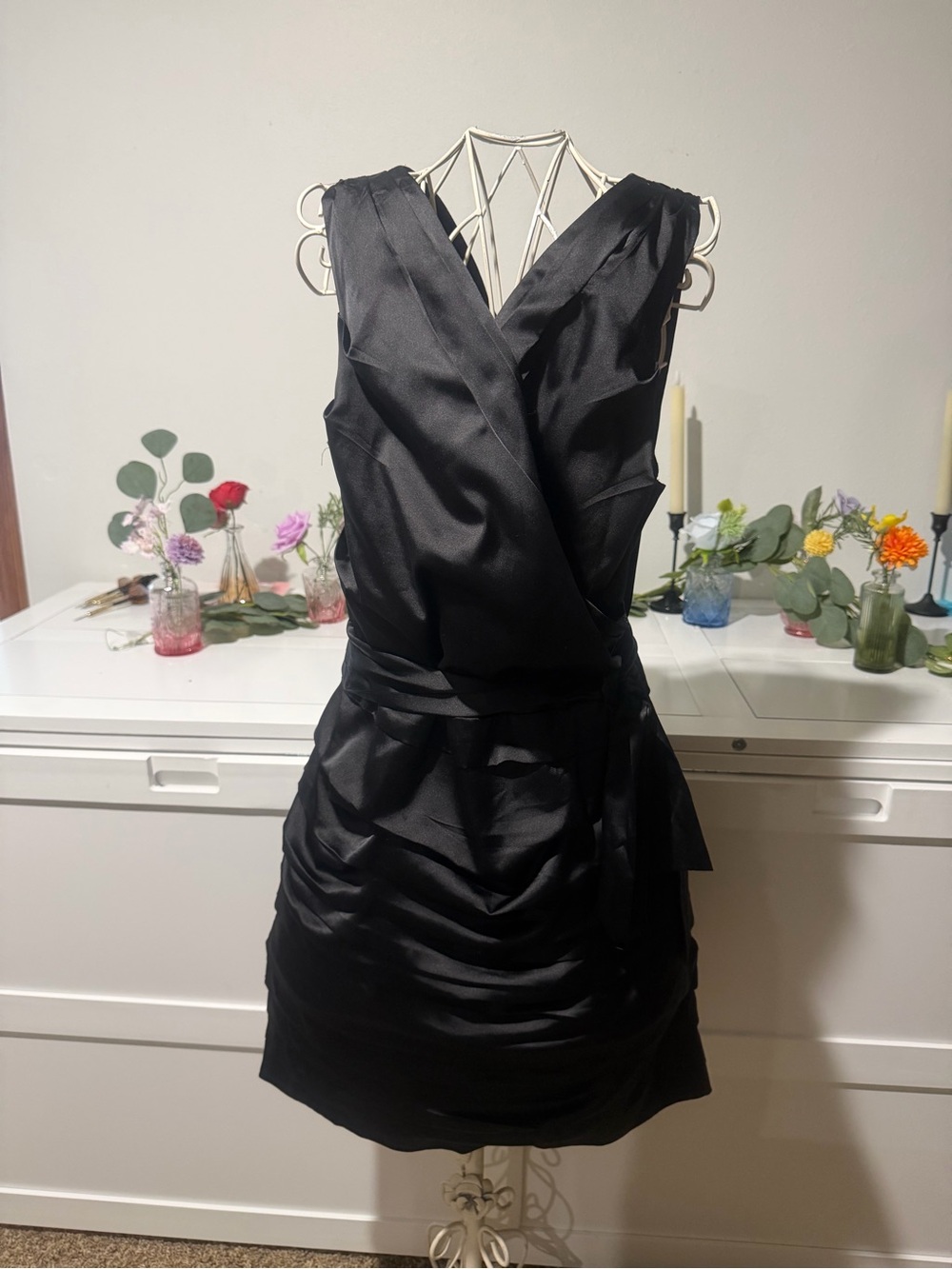 Express Black Satin V-Neck Mini Wrap Dress with Waist Sash